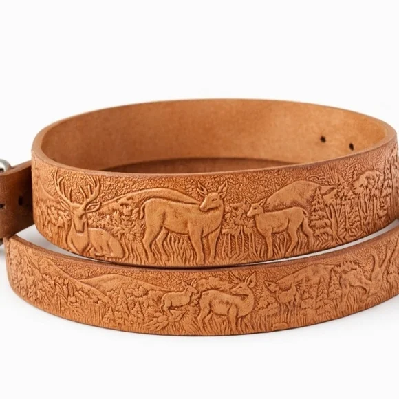 Vintage Western Genuine Leather Tooled Belt Deer Forest Scene Made USA Hunting - Picture 1 of 13